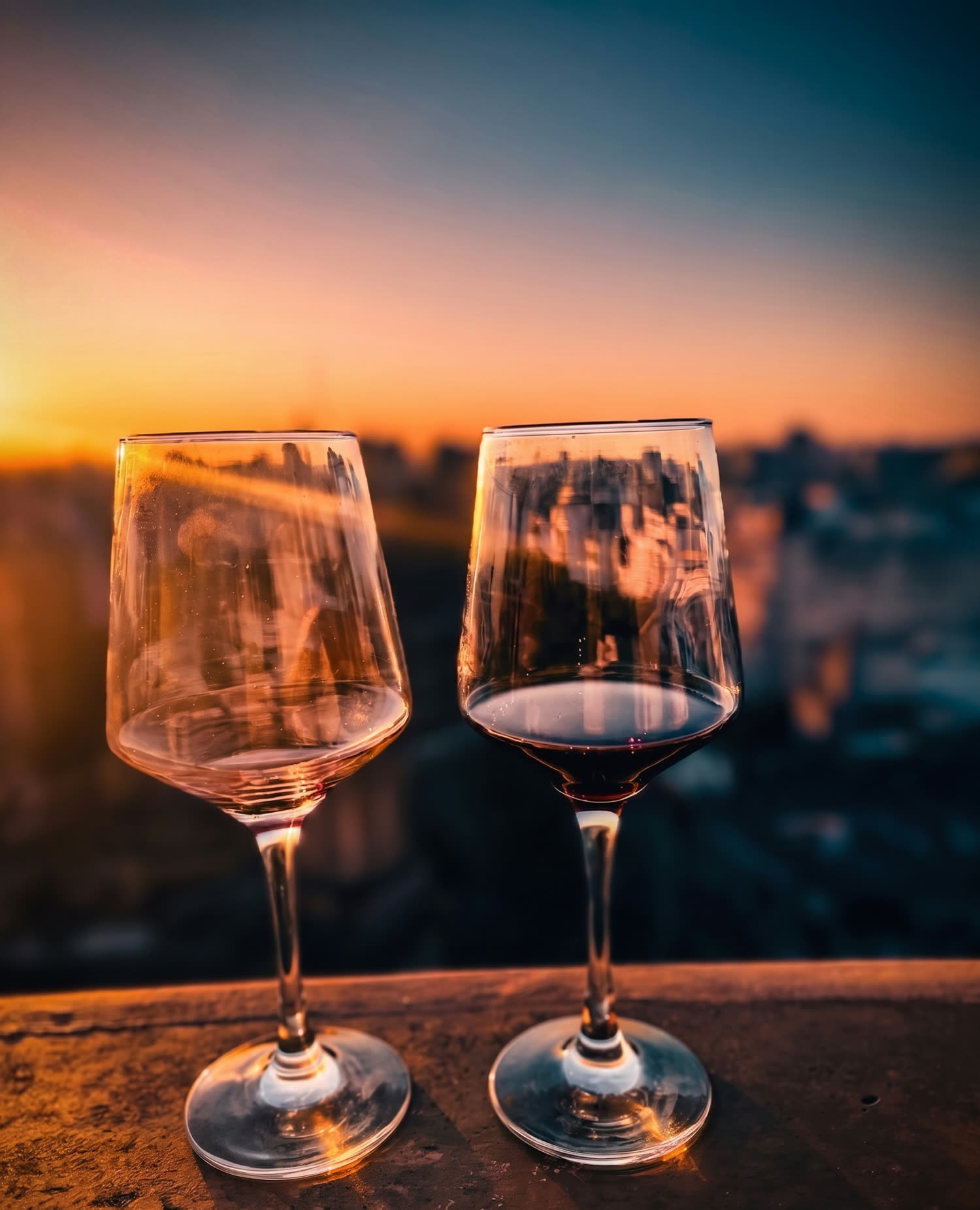 Dos copas de vino recortadas contra el cielo del atardecer