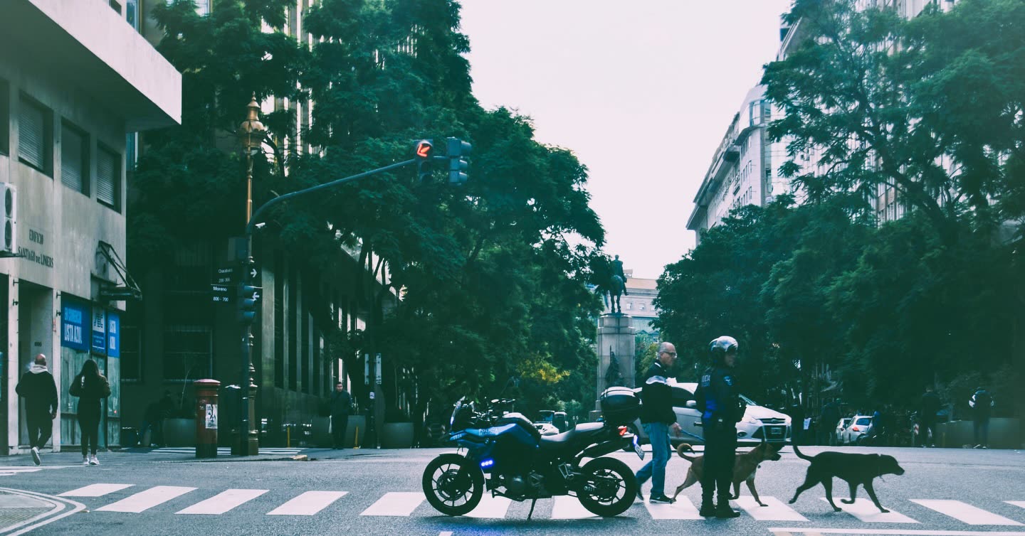 Motocicleta policial con dos oficiales y dos perros cruzando una avenida arbolada